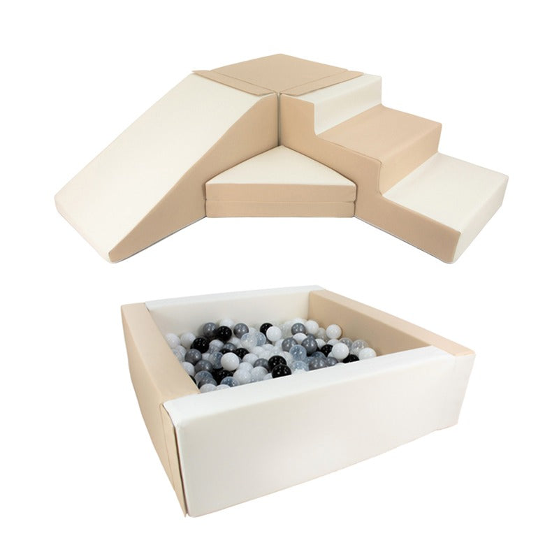 Slide & Step + Soft Play Square Ball Pit BUNDLE - Beige & White