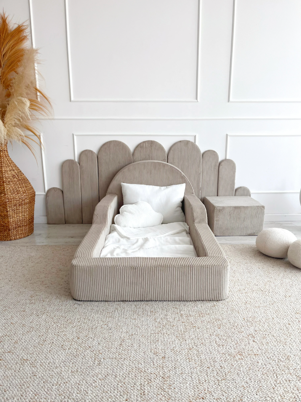 Beige Corduroy, Luxury Children's Bed | Upholstered Montessori Toddler Bed (Optional Bamboo Mattress)