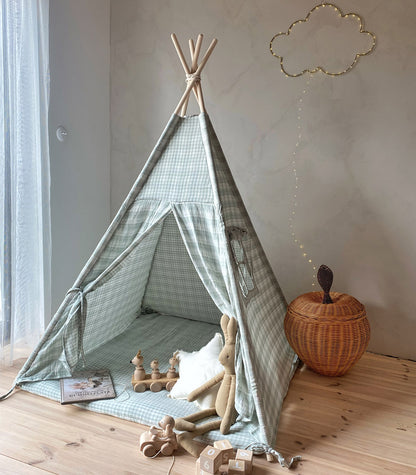 Gingham Teepee with Mat, Mint Green