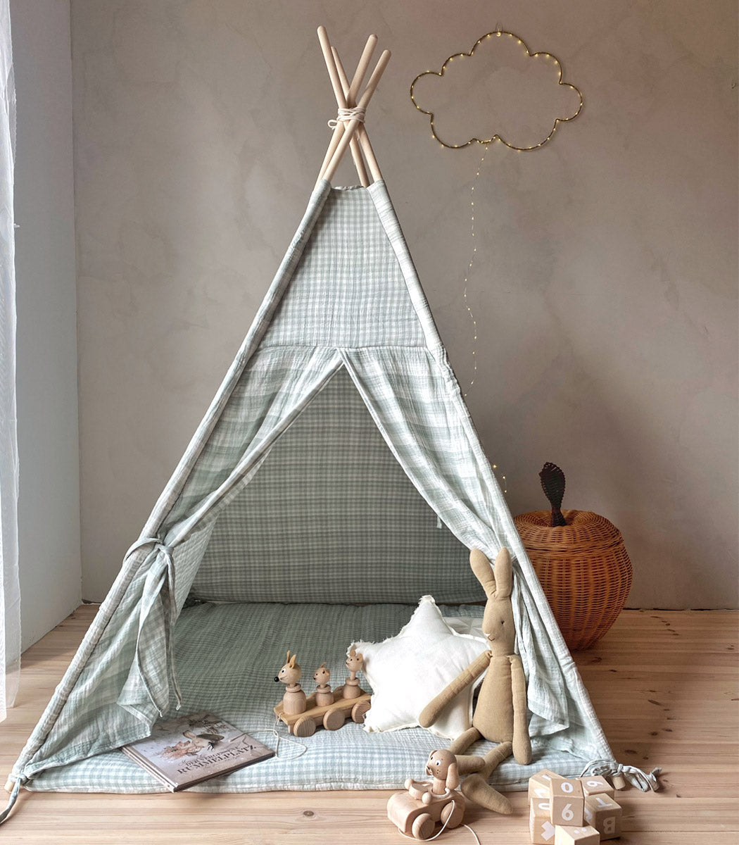 Gingham Teepee with Mat, Mint Green
