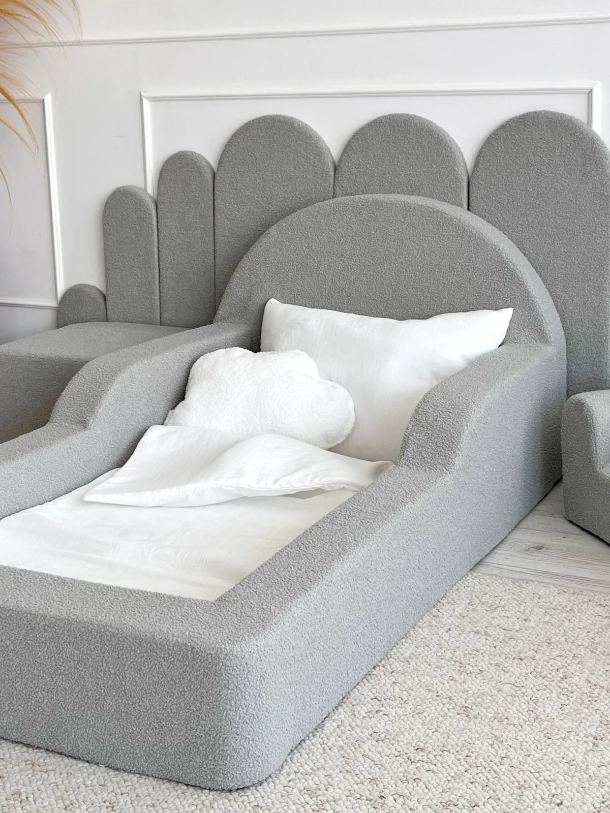 Grey Boucle, Luxury Children's Bed | Upholstered Montessori Toddler Bed