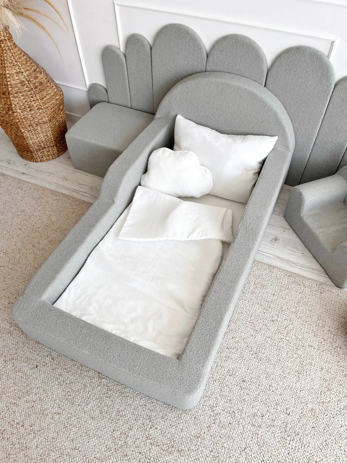 Grey Boucle, Luxury Children's Bed | Upholstered Montessori Toddler Bed