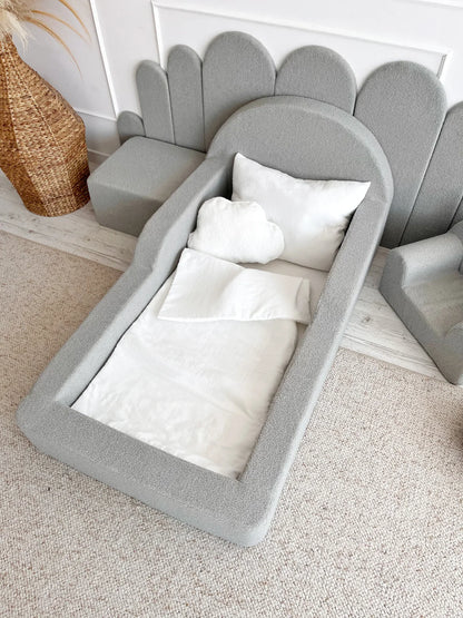Grey Boucle, Luxury Children's Bed | Upholstered Montessori Toddler Bed