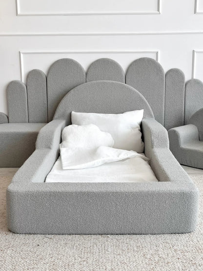 Grey Boucle, Luxury Children's Bed | Upholstered Montessori Toddler Bed
