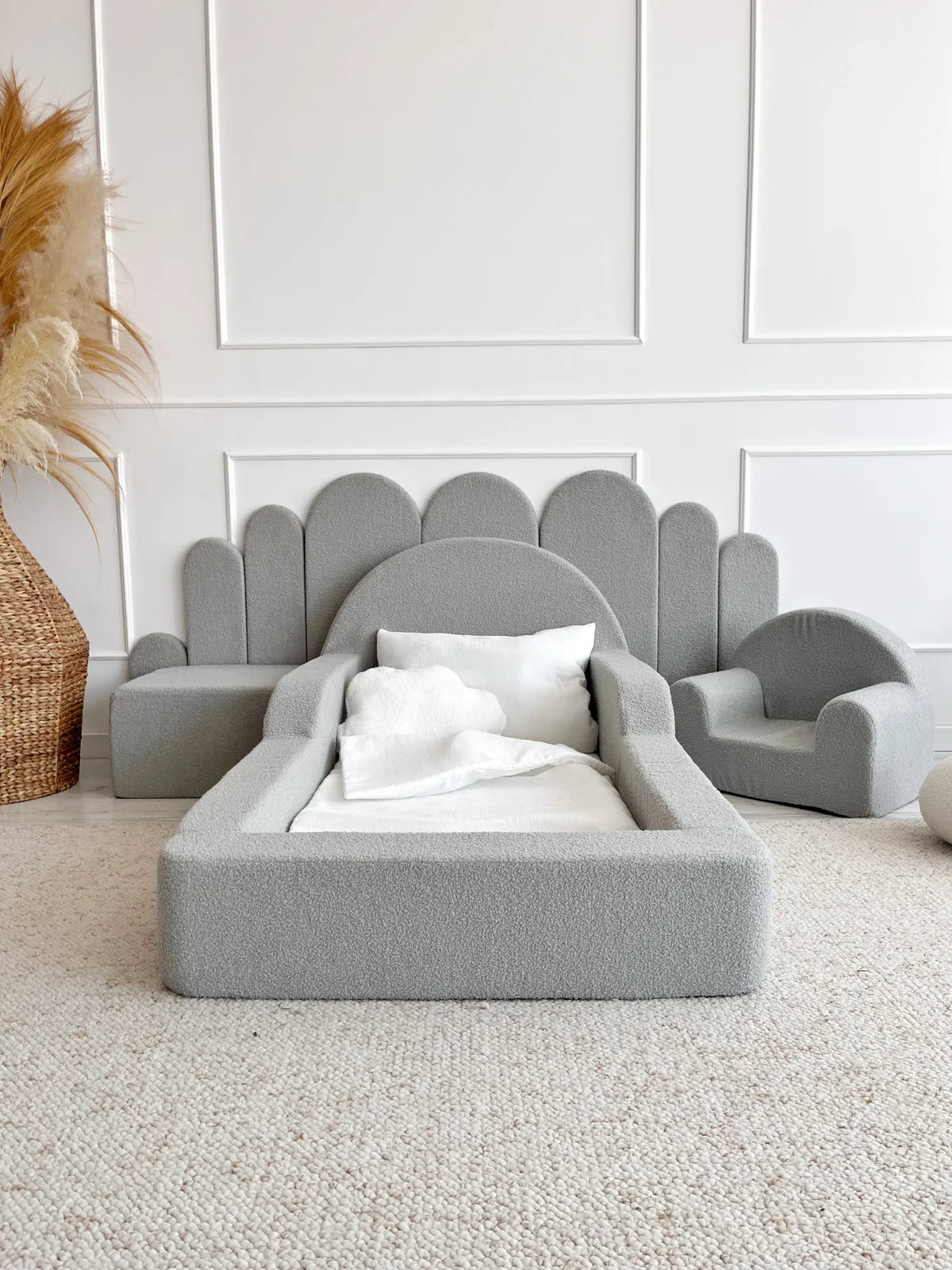 Grey Boucle, Luxury Children's Bed | Upholstered Montessori Toddler Bed