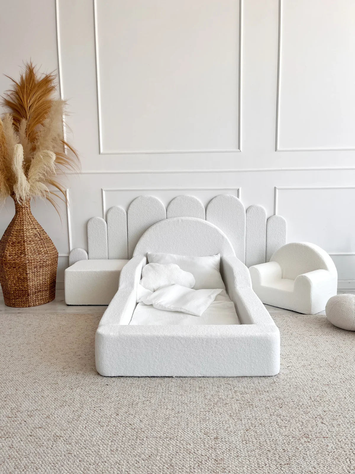 White Boucle, Luxury Children's Bed | Upholstered Montessori Toddler Bed