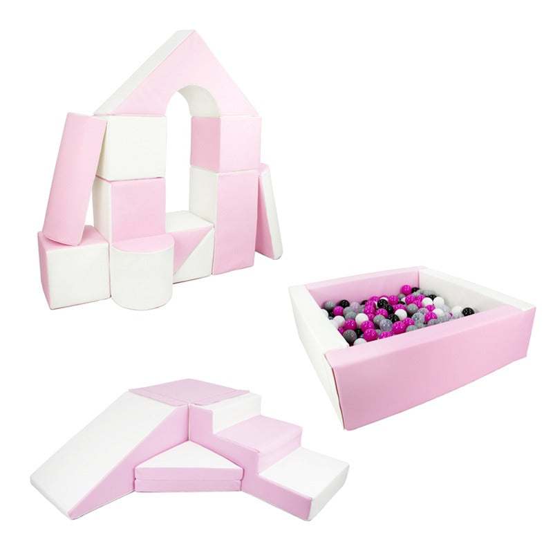 The Mega Soft Play Square Ball Pit BUNDLE - Pastel Pink & White