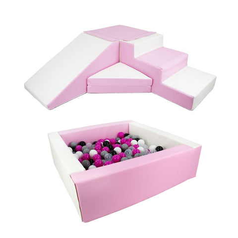 Slide & Step + Soft Play Square Ball Pit BUNDLE - Pastel Pink & White